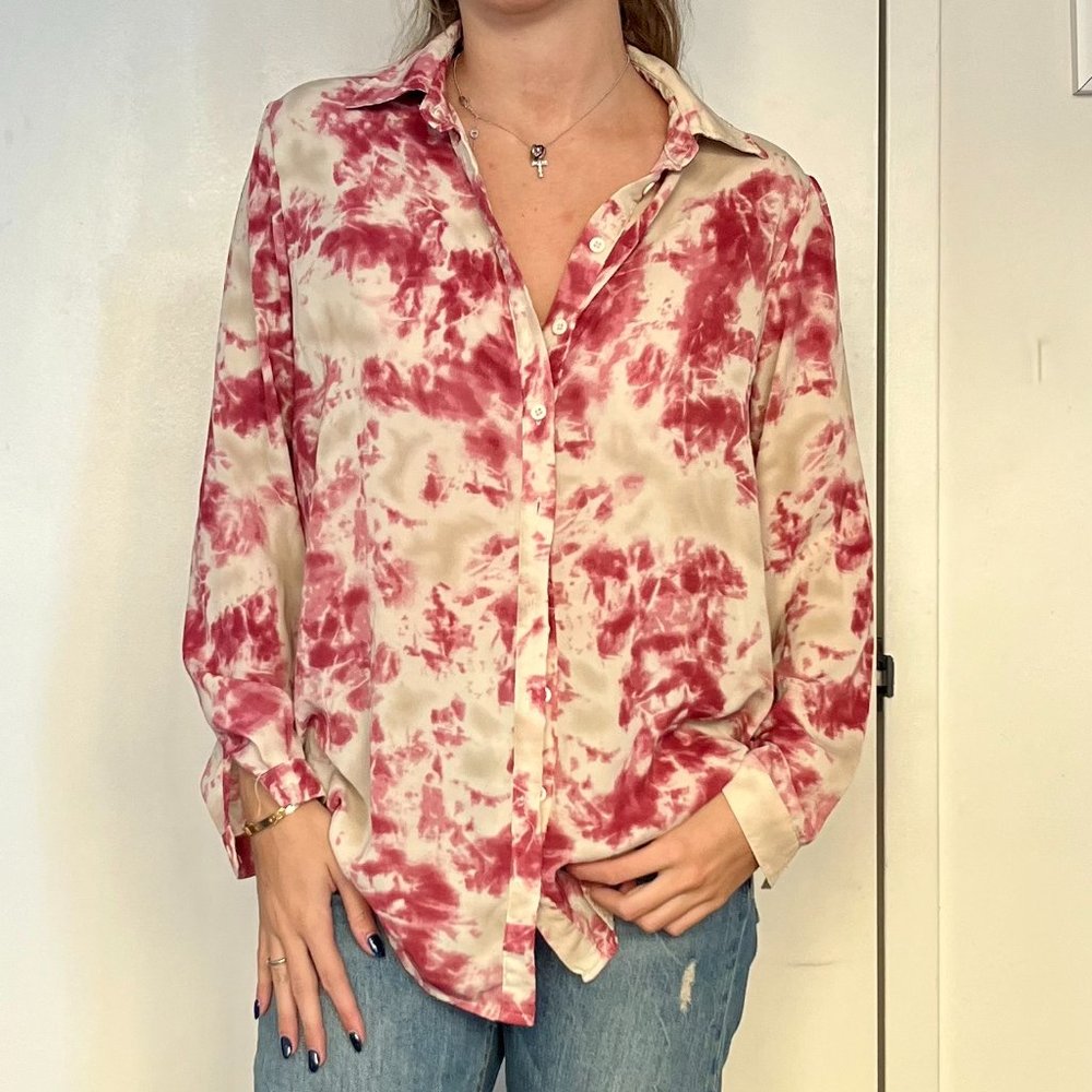 Pink Tie Dye Button-Up Shirt.